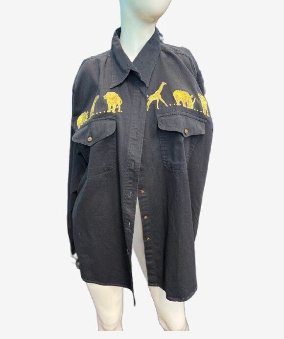 TIA Tops - TIA Black Button Down Shirt Gold Embroidered Animals Womens Size 2X Vintage 90’s